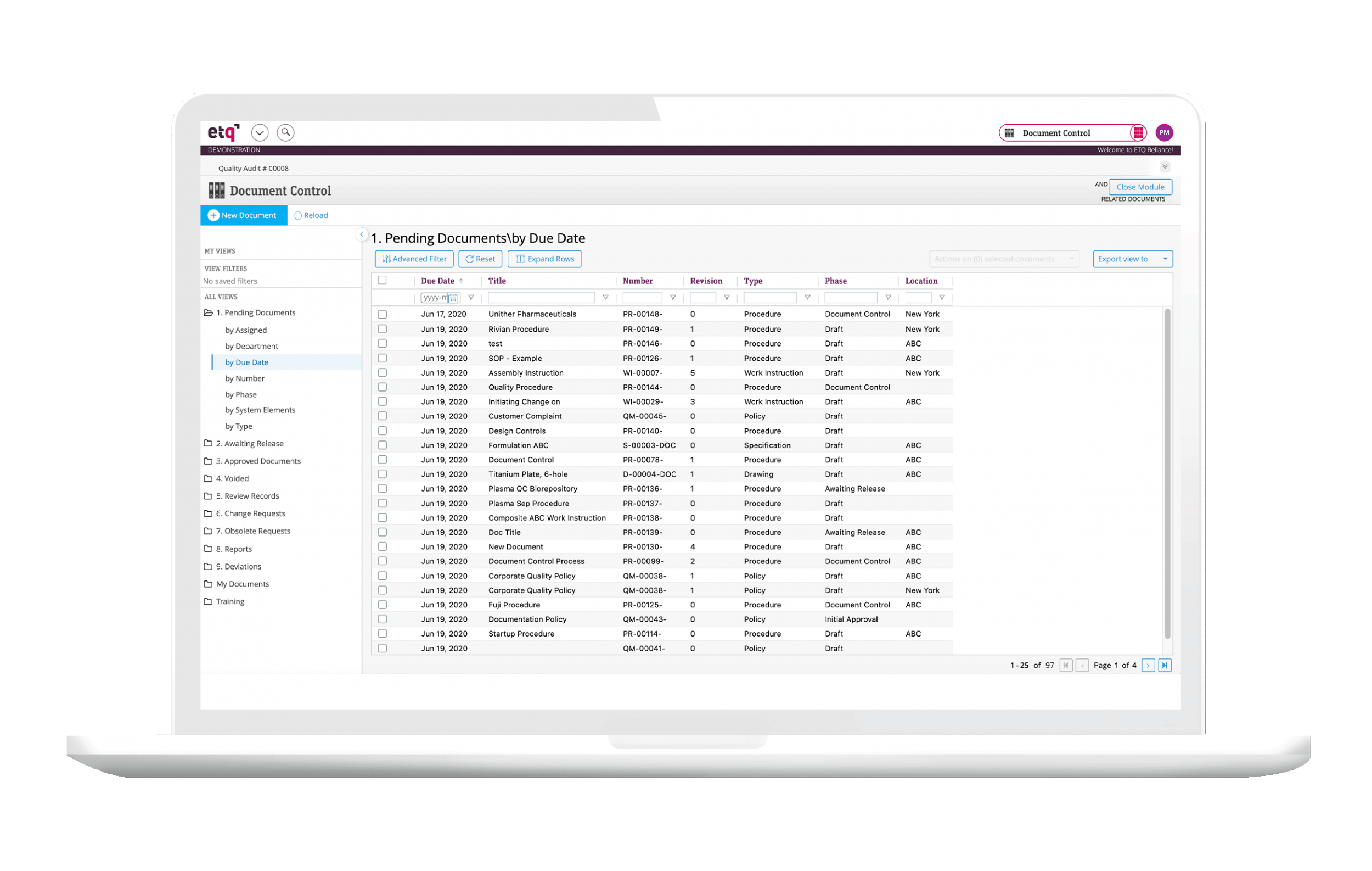 ETQ Reliance software for Document control with pending approvals