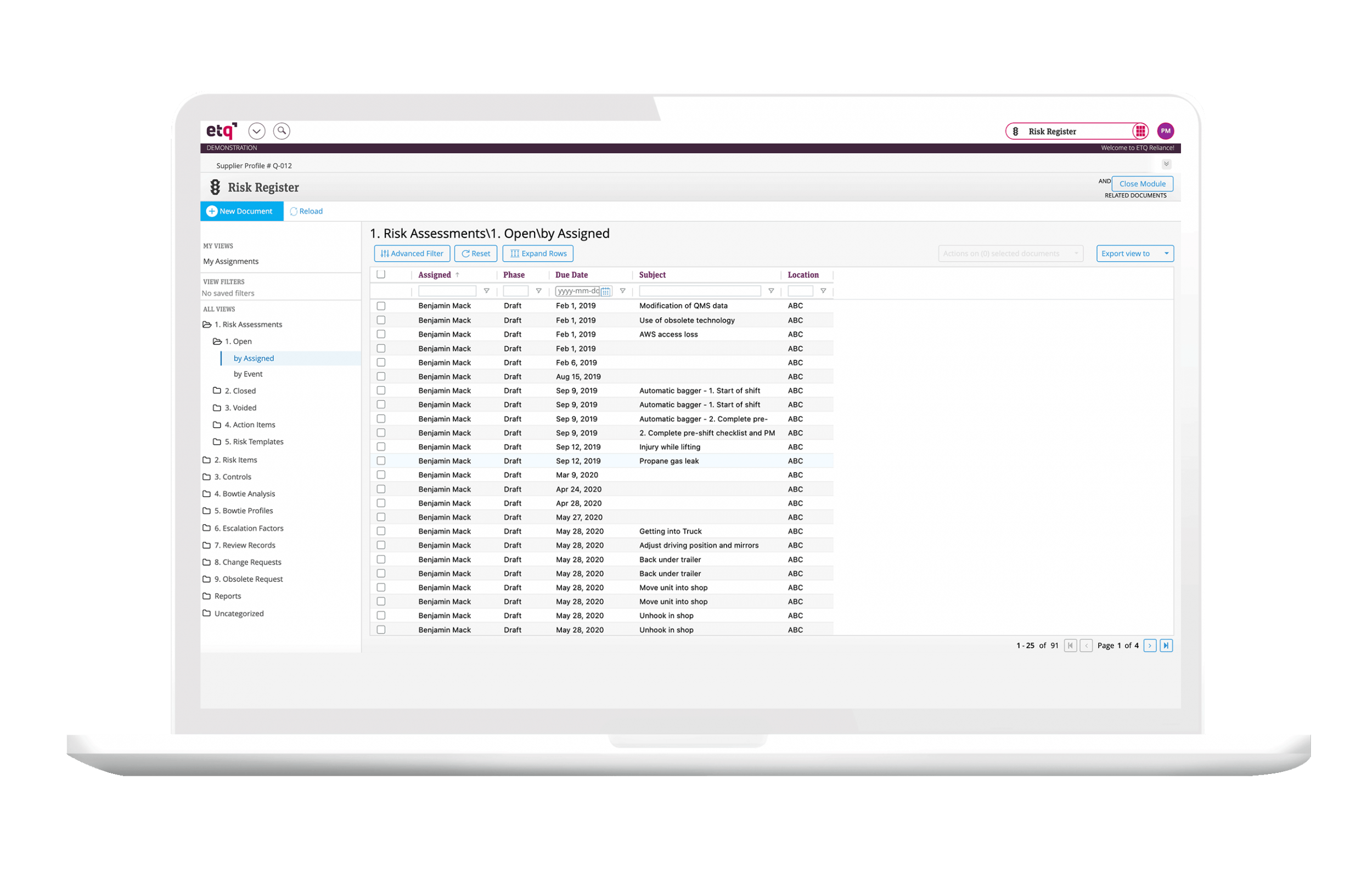 ETQ Reliance risk register application