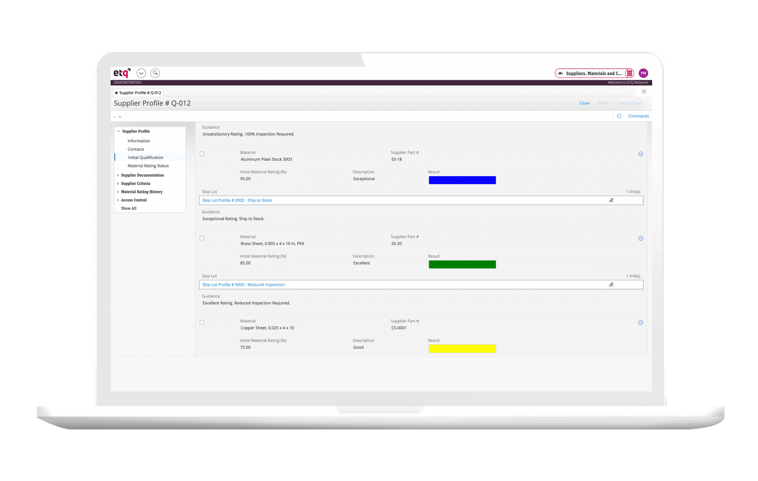 ETQ Reliance Supplier management software with supplier profile